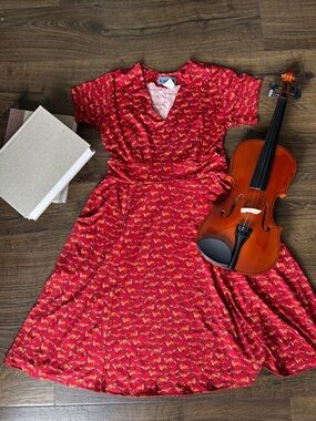 Red Patterned V-Neck Fit & Flare Dress
